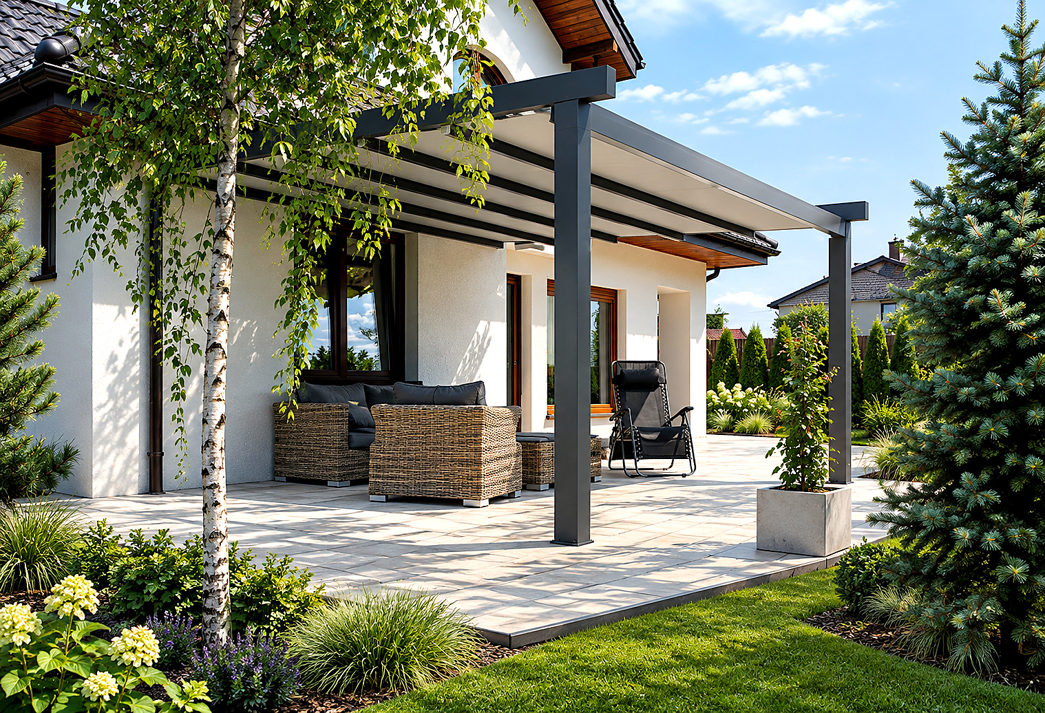 Pergola materiałowa na tarasie z meblami wypoczynkowymi w ogrodzie